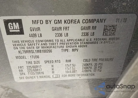 2021 Chevrolet Trailblazer Awd Lt из США, поврежденный, VIN KL79MRSL1MB100266